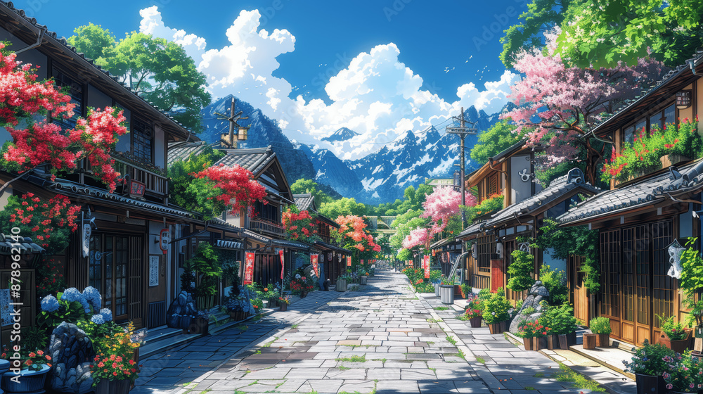 Obraz premium beautiful small town street in Japan anime style sunny day high resolution digital art traditional architecture cozy atmosphere peaceful realistic vibrant colors 25:14 aspect ratio