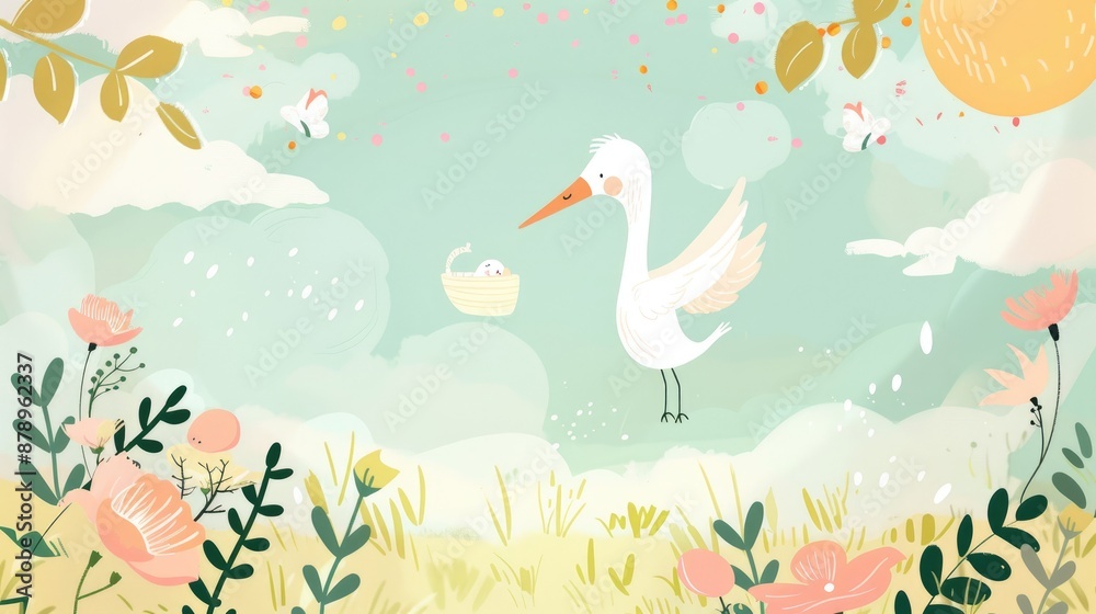 A Stork Carrying a Baby in a Nest Over a Field of Flowers A Stork Carrying a Baby in a Nest Over a Field of Flowers