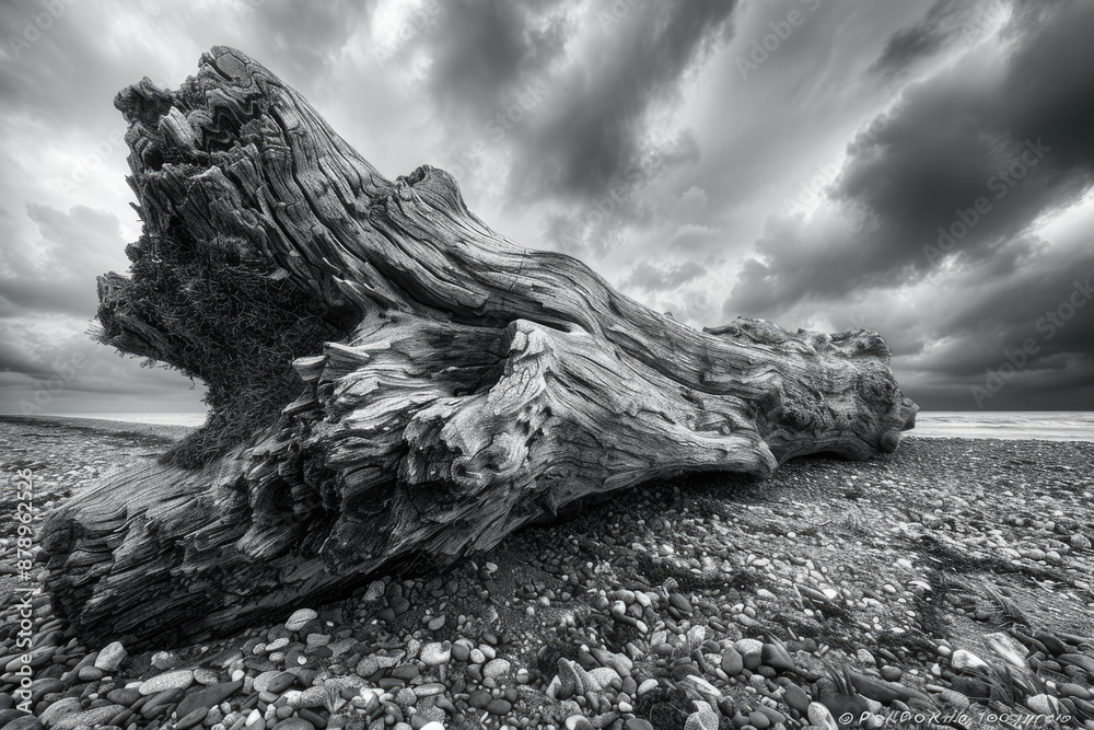 On the beach by the sea, dry tree trunks On the beach by the sea, dry tree trunks