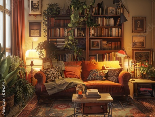 Cozy living room with vintage touches, warm lighting, and a comfy atmosphere