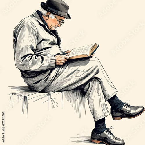 An Elderly Gentleman Engrossed in Reading a Book