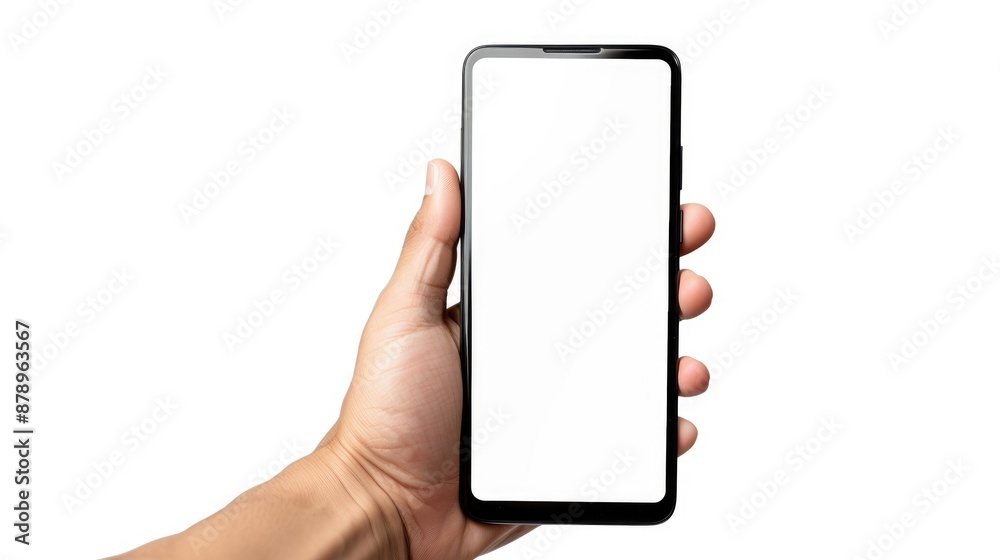 Hand holding smartphone with front facing camera isolated on white background blank screen mockup with clipping path Hand holding smartphone with front facing camera isolated on white background blank screen mockup with clipping path