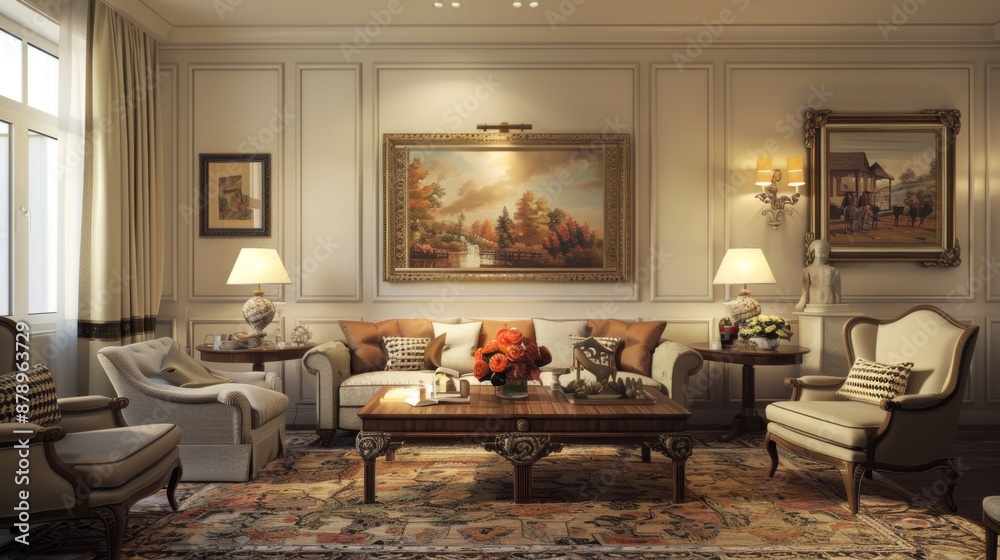 Fototapeta premium Vintage living room with framed artwork, stylish decor, and warm lighting