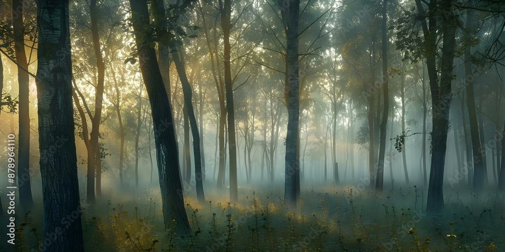 Fototapeta premium Morning light illuminates misty forest creating serene mystical atmosphere among trees. Concept Nature Photography, Misty Forest, Morning Light, Serene Atmosphere, Mystical Trees