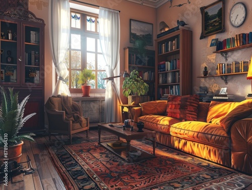 Warmlylit living room with vintage touches and cozy atmosphere photo