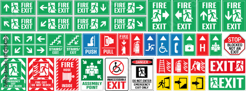 Fire safety signs, Collection of fire danger signs and equipment, Set of emergency exit signs in case of fire danger.