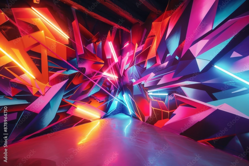 Naklejka premium Abstract Neon Graffiti Art in a Corner Room