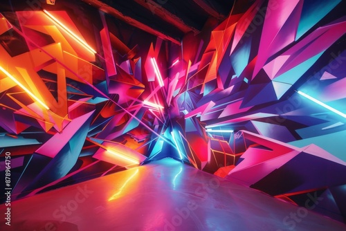 Abstract Neon Graffiti Art in a Corner Room