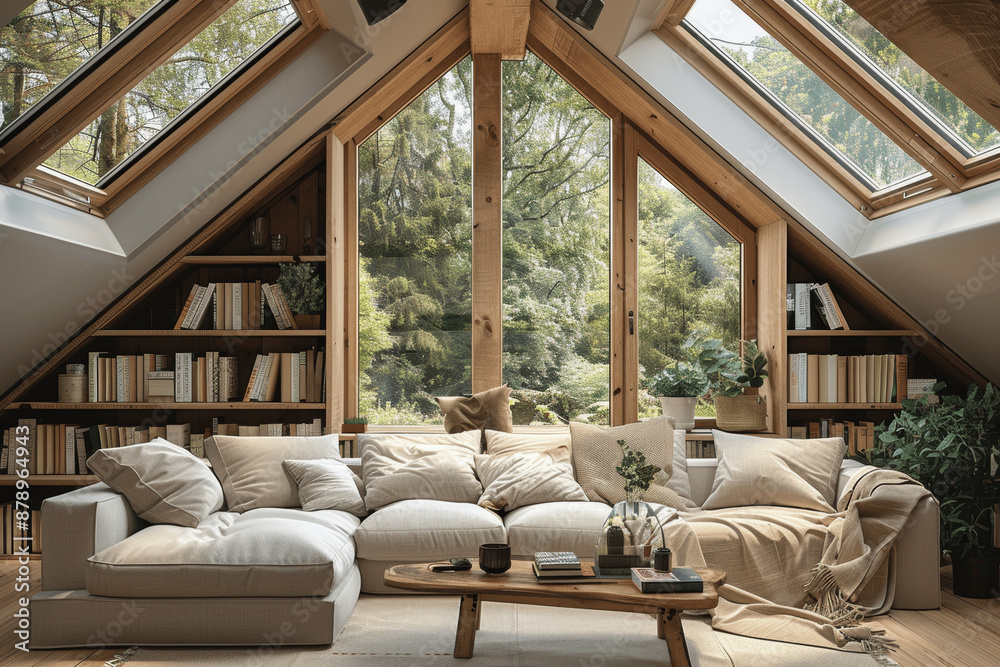 Fototapeta premium Cozy Attic Living Room with Large Windows and Skylights, Wooden Shelves, Natural Fabric Sofa, Rustic Coffee Table, Filled with Books and Plants, Scandinavian Minimalist Design