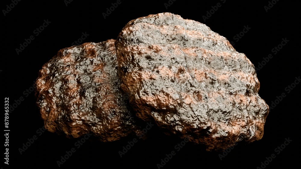 3d rendering of a close-up beef patties on a black background. The patties are brown and appear to be cooked through. They have a slightly crispy crust around the edges 3d rendering of a close-up beef patties on a black background. The patties are brown and appear to be cooked through. They have a slightly crispy crust around the edges
