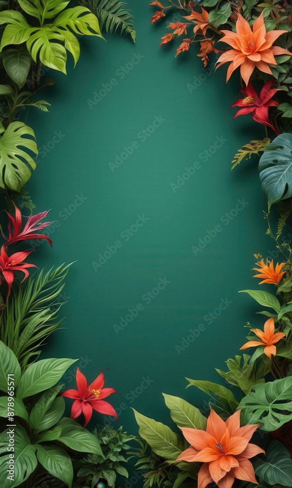 Green Background with Tropical Flowers and Leaves. Green Background with Tropical Flowers and Leaves.