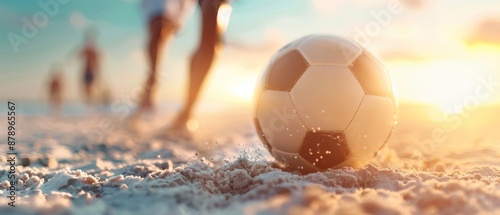 Close-up of soccer ball on sandy beach at sunset, with people blurred in the background, capturing the essence of summer and sports.