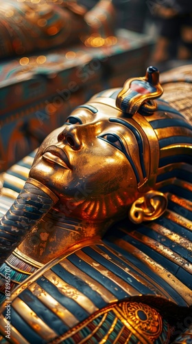 A detailed close-up of an ancient Egyptian mummy resting inside an ornate sarcophagus, with intricate hieroglyphs and golden decorations on the sarcophagus