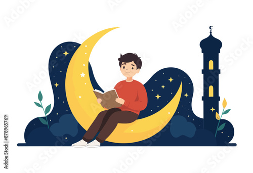 A Boy Reading Under a Moonlit Sky with a Minaret in the Background