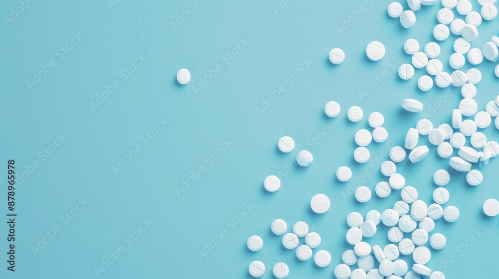 Blurry pills on blue background space for text Health concept Blurry pills on blue background space for text Health concept