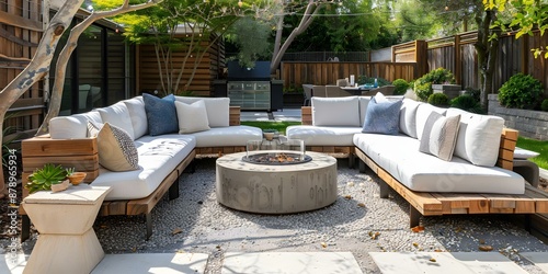 Modern outdoor seating area with fire pit in backyard for relaxation. Concept backyard design, outdoor living space, fire pit, relaxation area, modern decor