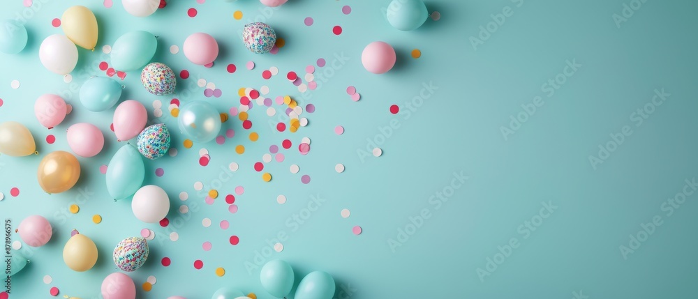 Colorful Easter eggs and confetti on a pastel blue background, creating a festive and cheerful holiday atmosphere. Colorful Easter eggs and confetti on a pastel blue background, creating a festive and cheerful holiday atmosphere.