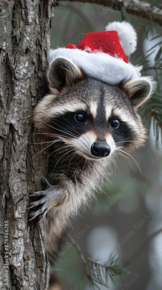 Obraz premium A mischievous raccoon wearing a Santa hat, peeking out from behind a tree 