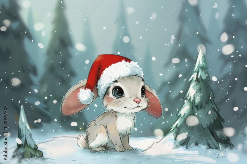 An adorable cartoon rabbit wearing a Santa hat, surrounded by snowy cartoon trees 