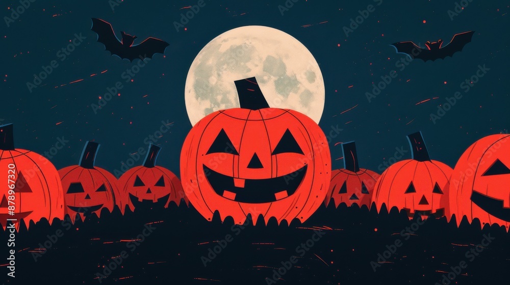 Fototapeta premium Halloween illustration featuring carved pumpkins with glowing faces under a full moon with bats flying in the night sky.