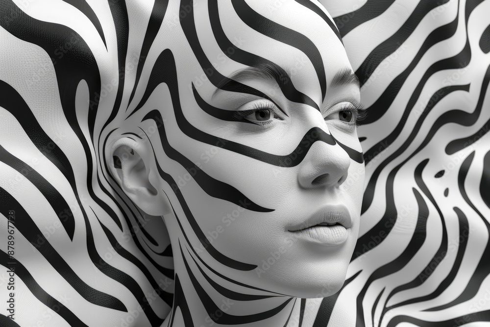 A close-up of a woman's face painted with zebra lines A close-up of a woman's face painted with zebra lines