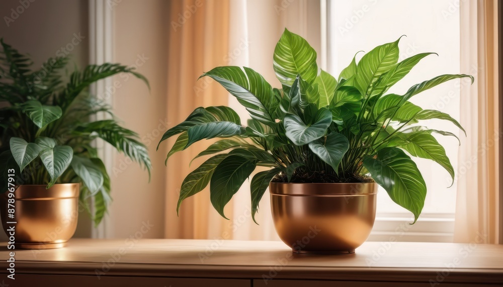 Peace Lily in a Golden Pot on a Windowsill. Peace Lily in a Golden Pot on a Windowsill.