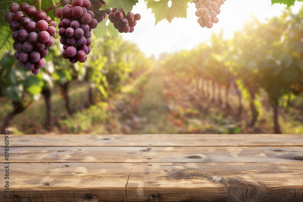 An empty wood tabletop counter in a vineyard field, ready for product display or advertising. An empty wood tabletop counter in a vineyard field, ready for product display or advertising.