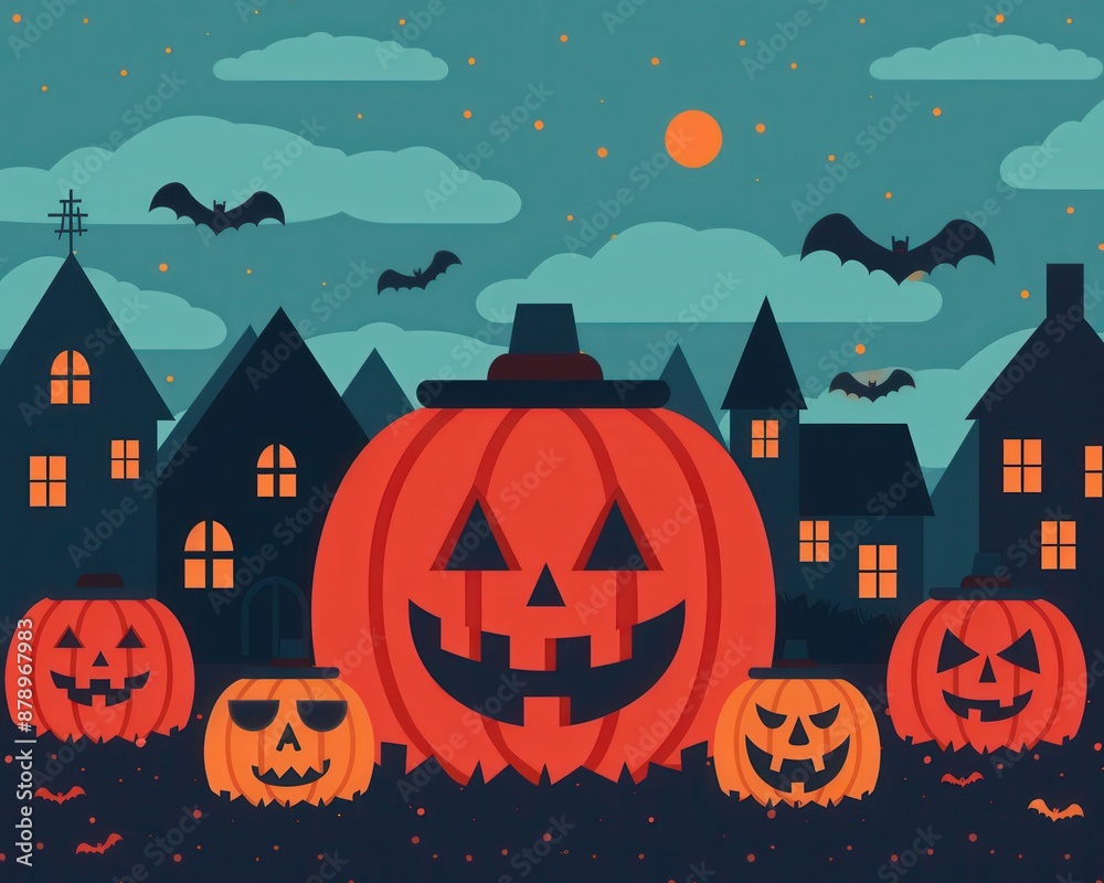 Fototapeta premium A spooky Halloween night scene with carved pumpkins, bats, and haunted houses under a moonlit sky.