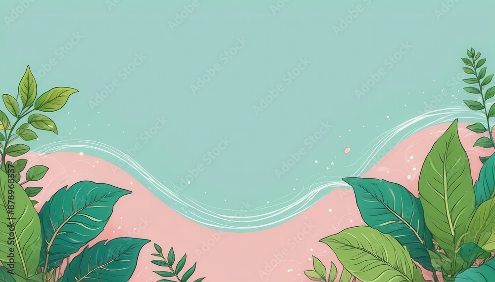 Green Leaves on Mint and Pink Background. Green Leaves on Mint and Pink Background.