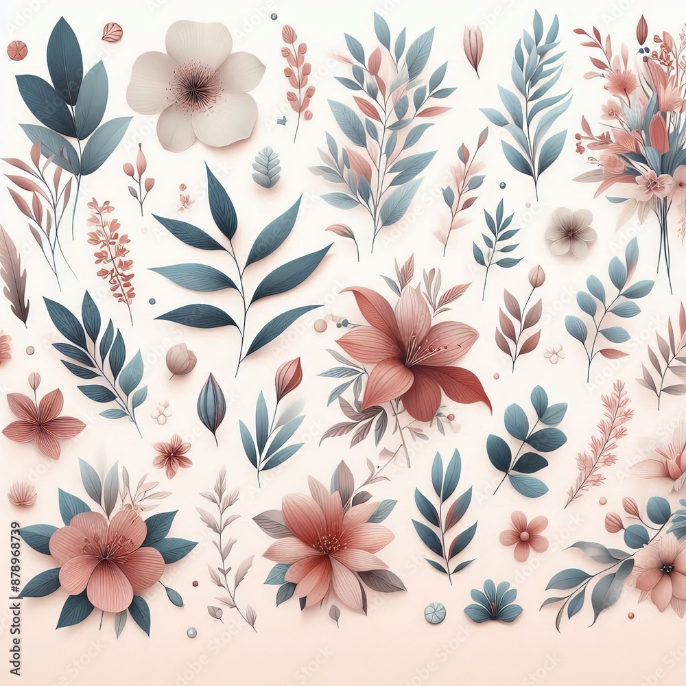 Flowers Leaves Nature Soft colors Freshness Pastel tones Botanical elements Plants Flowers Leaves Nature Soft colors Freshness Pastel tones Botanical elements Plants