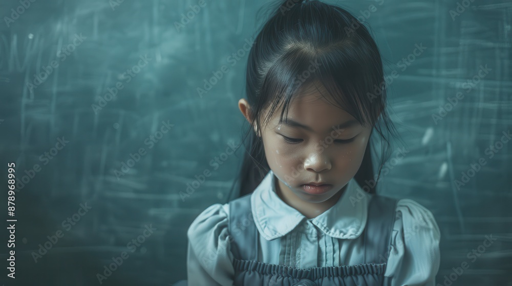 A young girl stands in front of a green chalkboard, looking down A young girl stands in front of a green chalkboard, looking down