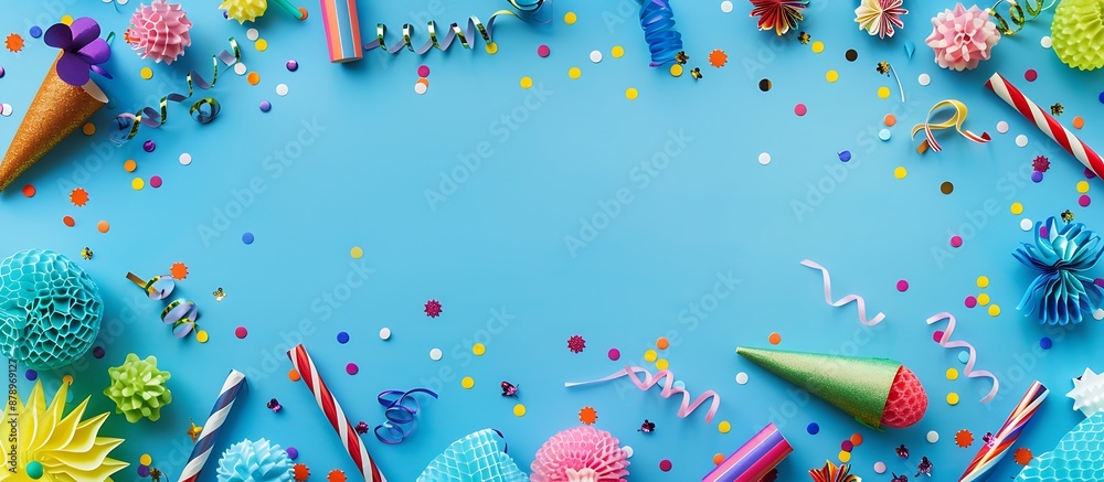 Vibrant party accessories scattered on a blue background, top view with ample space for text. Vibrant party accessories scattered on a blue background, top view with ample space for text.