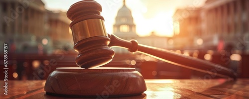 Wooden gavel on a table with city in the background.