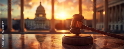 Gavel on table against blurred cityscape at sunset. photo