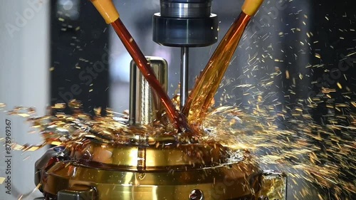 Slow motion scene the CNC milling machine cutting the shell mold parts with oil coolant method .