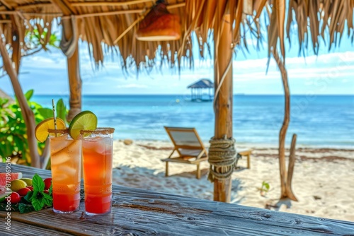 Tropical Beach Cocktails Under a Palm Leaf Hut