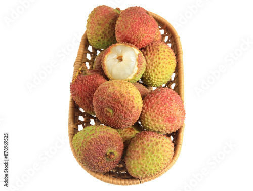 A basket of summer fruit lychees on a white background