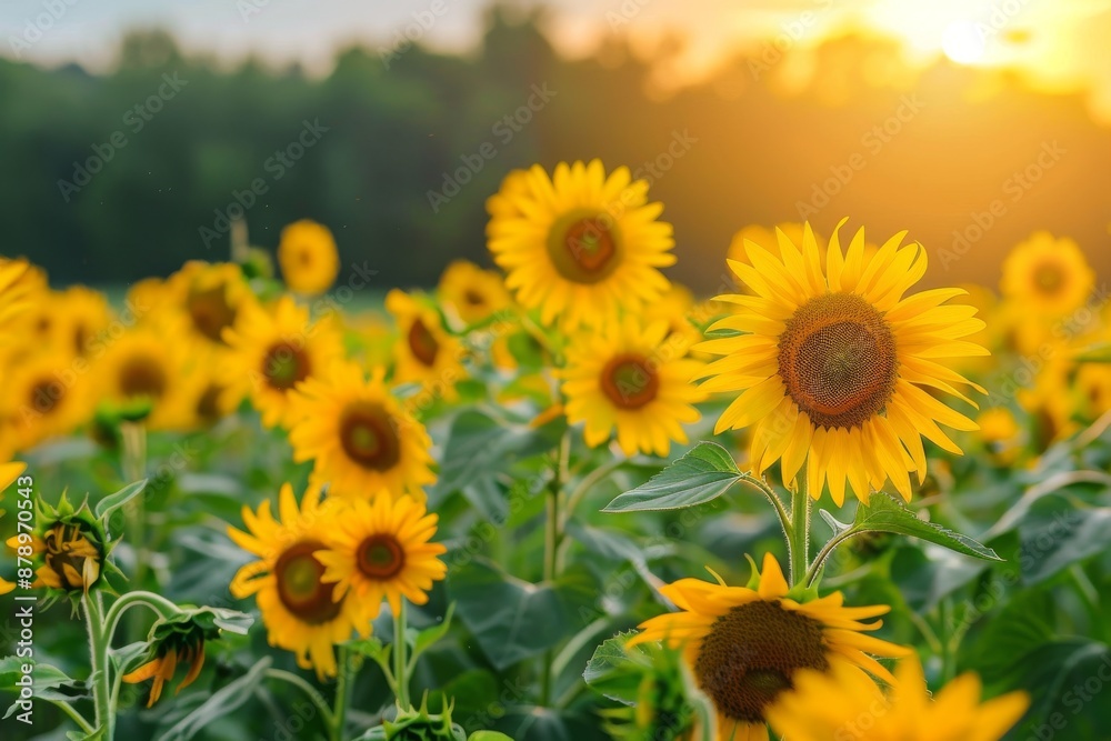 Golden Sunflowers Blooming in a Field at Sunset Golden Sunflowers Blooming in a Field at Sunset