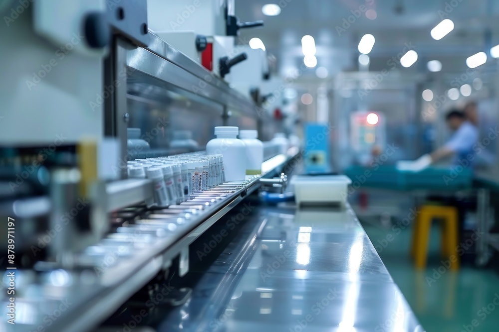 Conveyor Belt with Bottles in a Pharmaceutical Factory Conveyor Belt with Bottles in a Pharmaceutical Factory