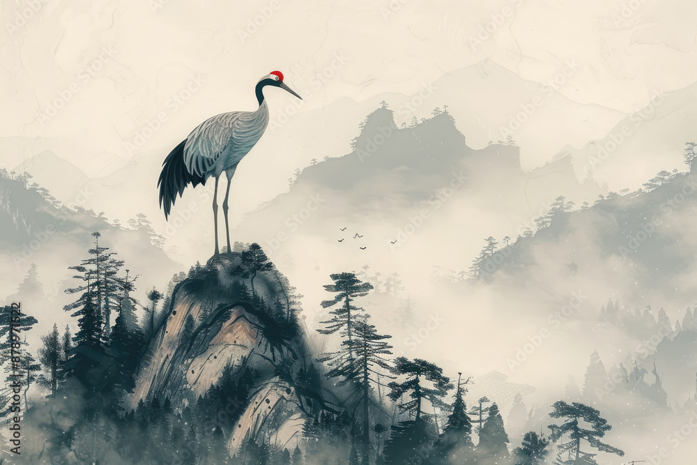 Fototapeta premium High mountain clouds and mist, a crane standing on a branch, Chinese painting