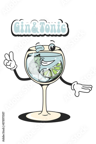 Gin Tonic retro cocktail set in groovy style. Quirky character from the 60's in a modern style. Vintage design