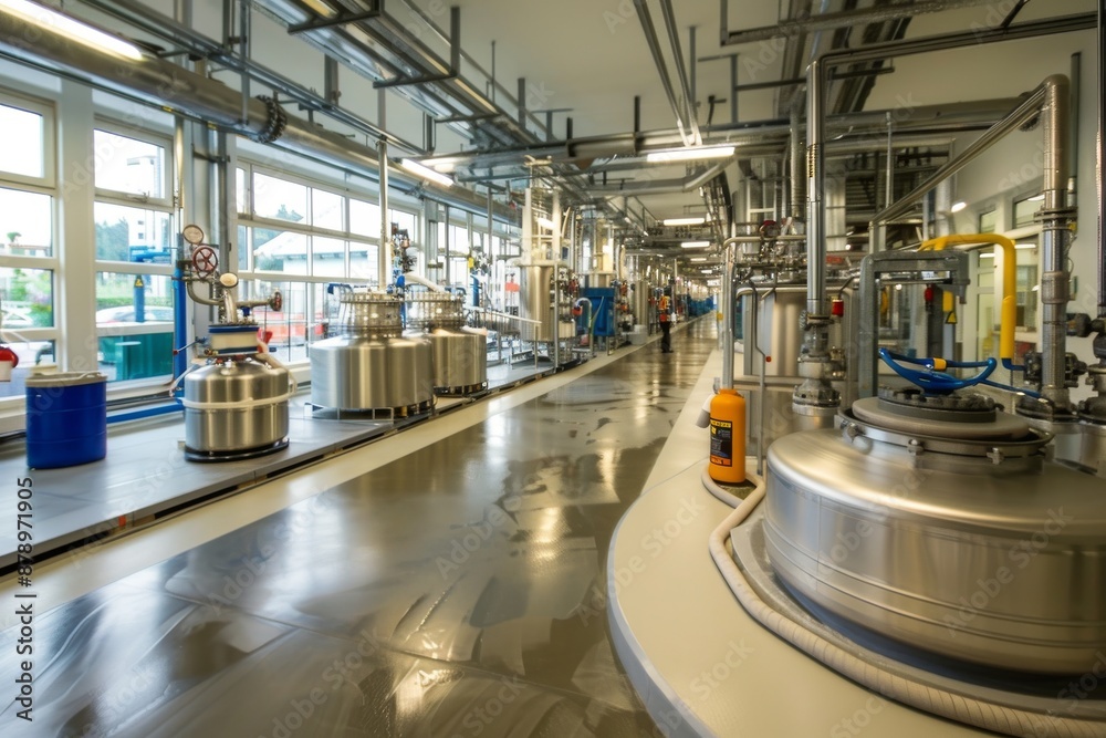 Industrial Plant Interior with Large Stainless Steel Tanks