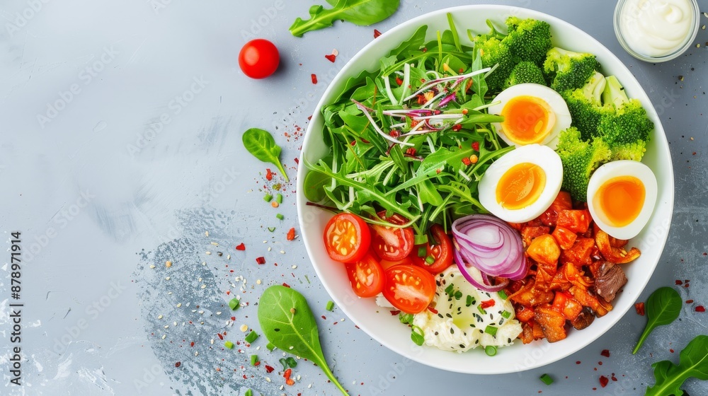Fresh and healthy salad bowl with mixed greens, cherry tomatoes, eggs, and roasted vegetables on a light background. Fresh and healthy salad bowl with mixed greens, cherry tomatoes, eggs, and roasted vegetables on a light background.
