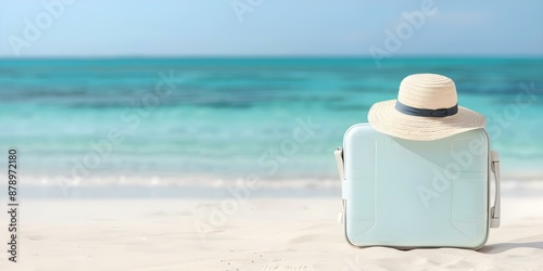 Ideal packing list for vacation set against scenic beach background. Concept Swimsuit, Beach Towel, Sunscreen, Sunglasses, Hat, Flip Flops