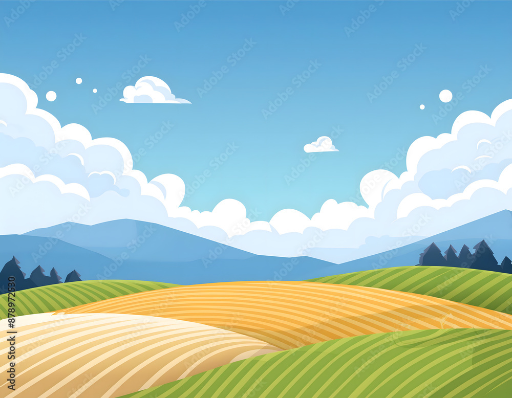 Obraz premium 夏日的蓝天白云草地卡通插画