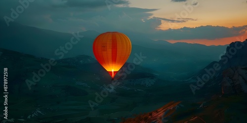 Hot air balloon floats in mountains at dusk with neon lights. Concept Hot Air Balloons, Mountain Landscape, Dusk Scenery, Neon Lights, Adventure Photography photo