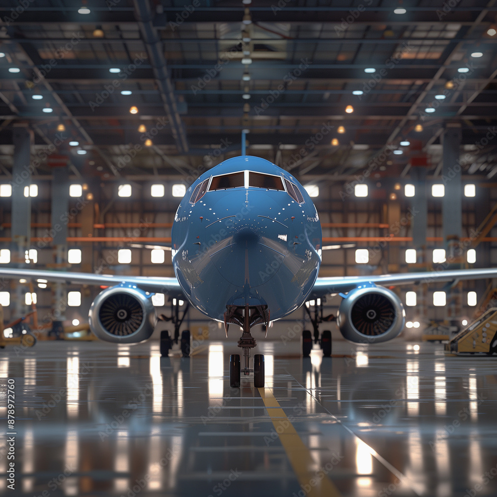 Blue Airplane in Modern Hangar with Industrial Lighting
Blue Airplane in Modern Hangar with Industrial Lighting