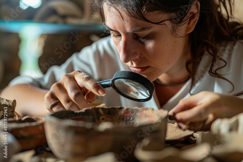 Archaeologist Examining Ancient Pottery with a Magnifying Glass