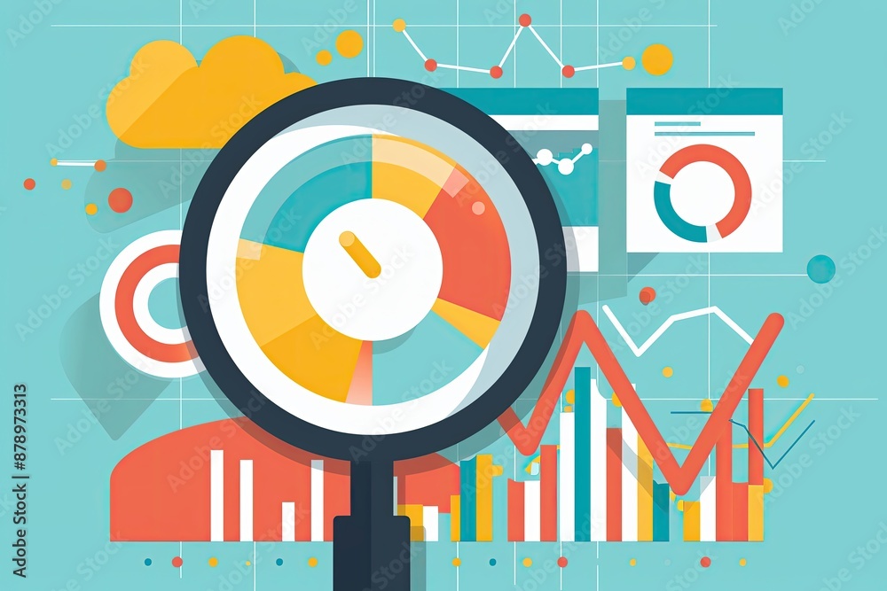Colorful Data Analytics Concept with Magnifying Glass and Graphs on Blue Background Colorful Data Analytics Concept with Magnifying Glass and Graphs on Blue Background