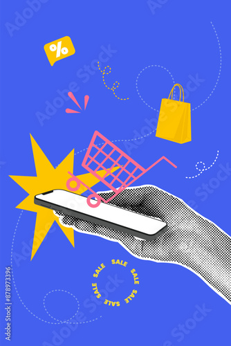 Fashionable halftones collage business concept. Concept of shopping, sales, online payment, phone usage. Trendy modern retro illustration in bright trendy colors. Business concept. Vector illustration